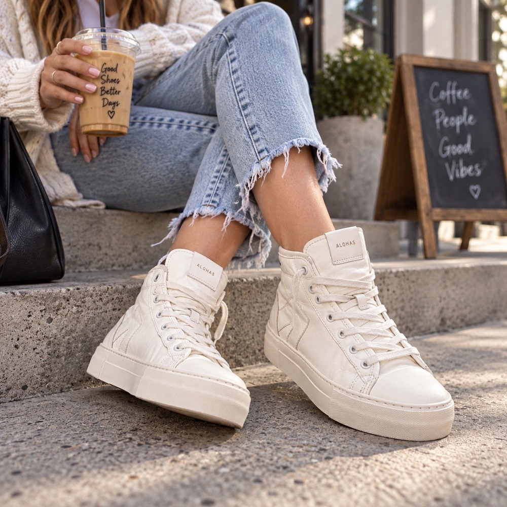 Alohas White Leather High‎ Top Platform Sneakers Womens Size 6 800378-50
